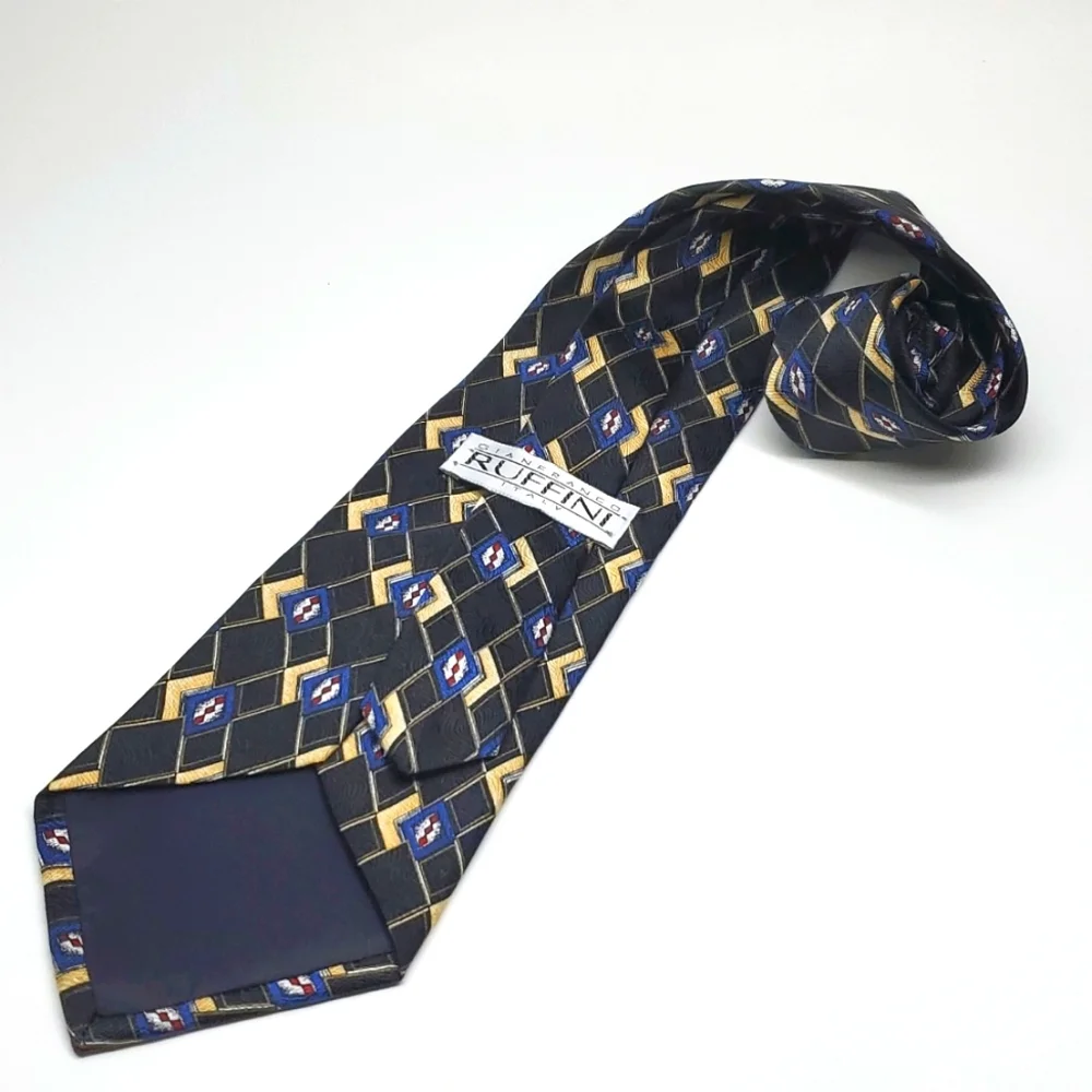 GIANFRANCO RUFFINO Black Cream Geometric Silk Tie EUC